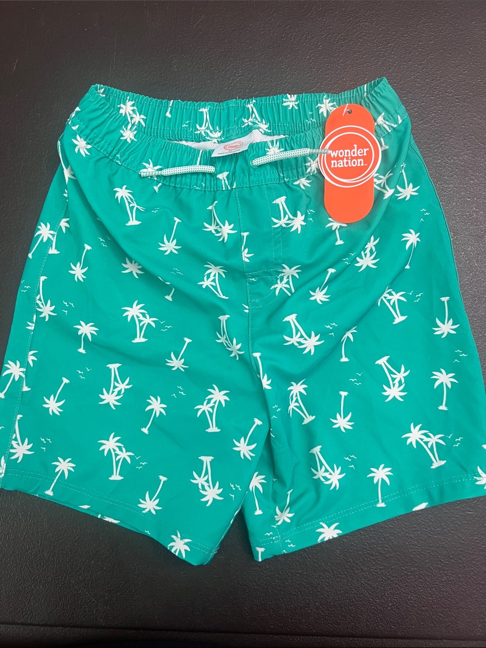 wonder nation Teal Swim Trunks with White Palm Print